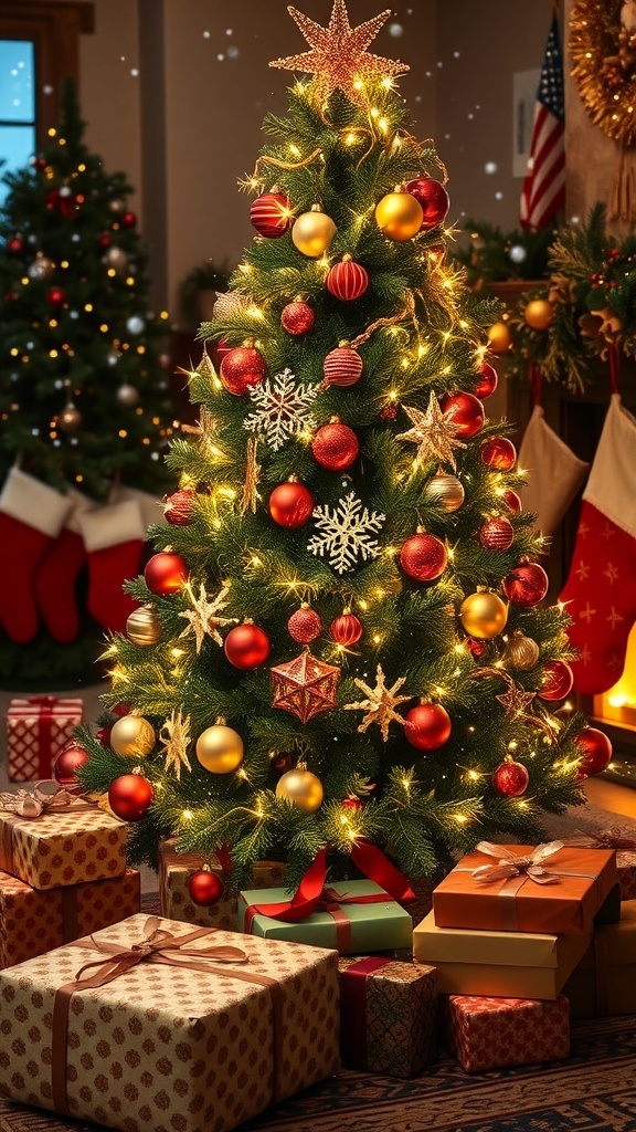 Inspirational Christmas Quotes and Verses A festive Christmas tree with lights and ornaments, gifts underneath, and a cozy fireplace.